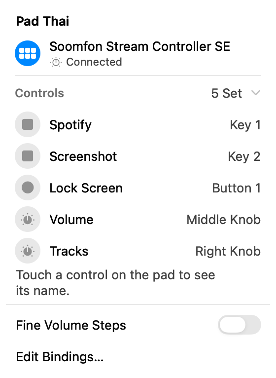 the pad thai menubar panel: a Soomfon Stream Controller SE, connected; controls Spotify on key 1, Screenshot on key 2, Lock Screen on button 1, Volume on the middle knob, Tracks on the right knob; fine volume steps off; edit bindings